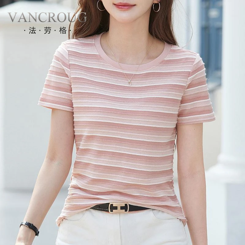 法劳格时尚条纹正肩短袖t恤女夏季2025新款宽松老钱风松弛感女