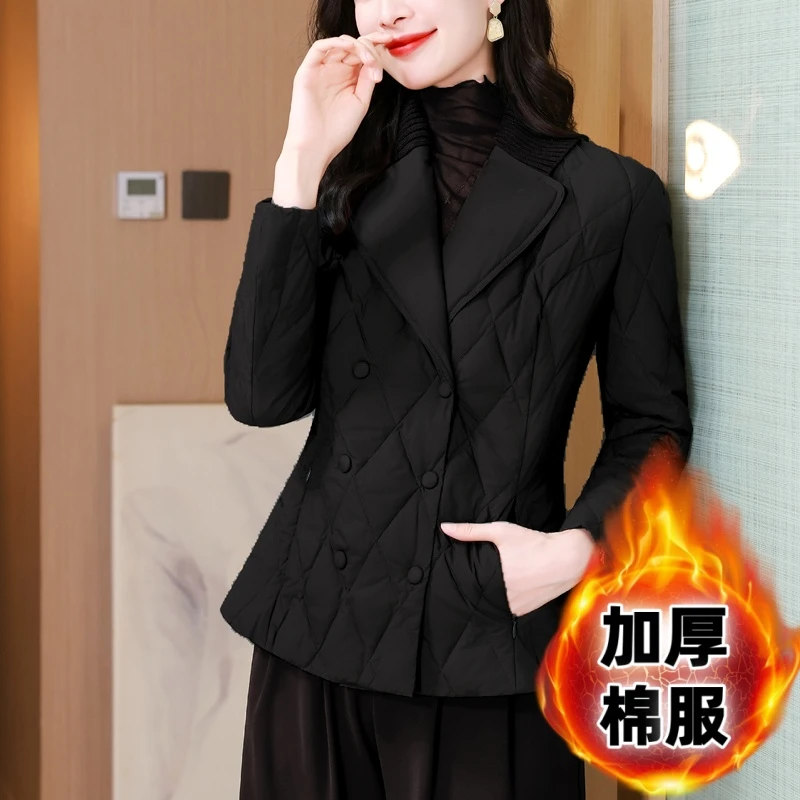 棉服短款外套针织拼接西装领设计感职业显瘦2025冬季新款棉服上衣