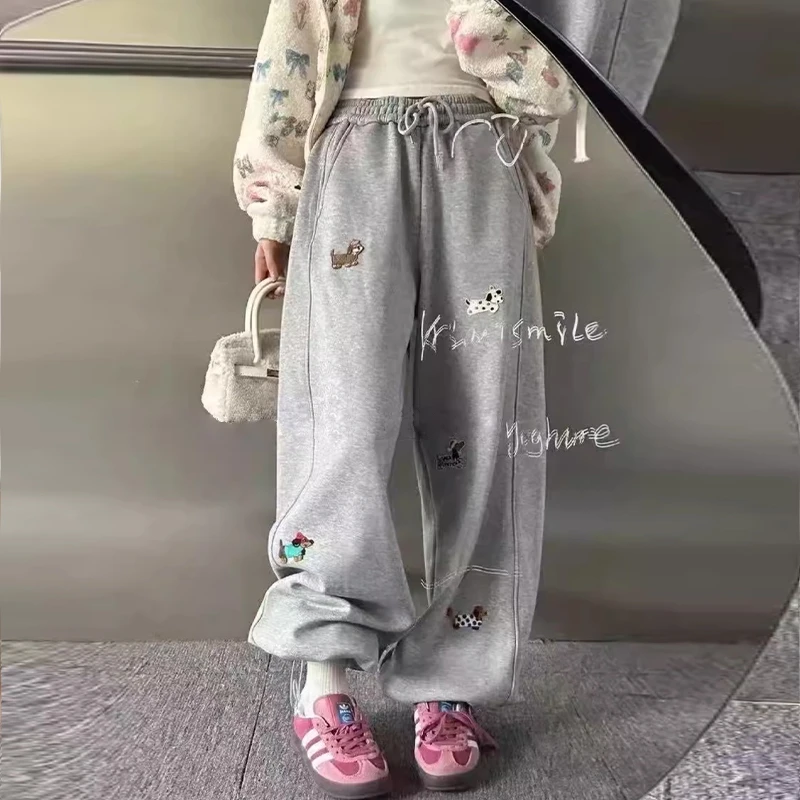 孕妇裤灰色加绒加厚腊肠狗裤子女秋冬运动卫裤小个子直筒阔腿长裤