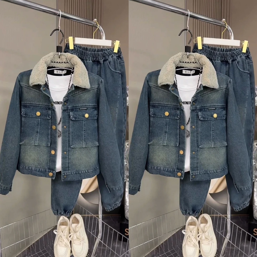 2025加绒加厚秋冬季牛仔套装女新款宽松大码气质洋气时尚两件套潮