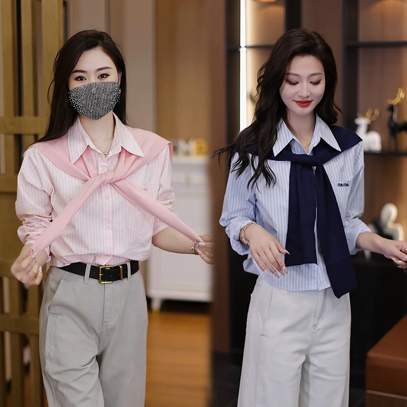 polo领披肩条纹长袖衬衫女春装2025年早春季新款洋气女士上衣衬衣