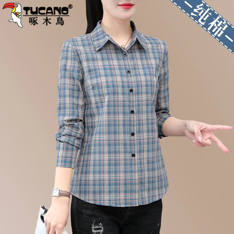啄木鸟蓝色格子衬衫女2025秋季新款女装外套纯棉衬衣女士长袖上衣