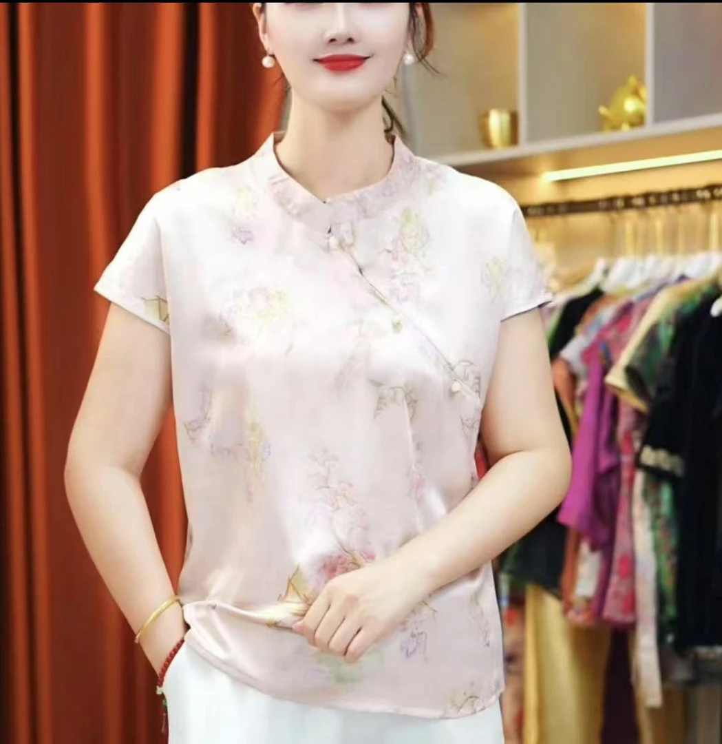 2025夏季新款国风提花气质时尚百搭显瘦遮肉斜领短袖