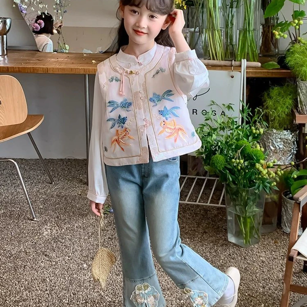 女童春装套装2025新款洋气女孩新中式外套儿童国风裤子春秋三件套