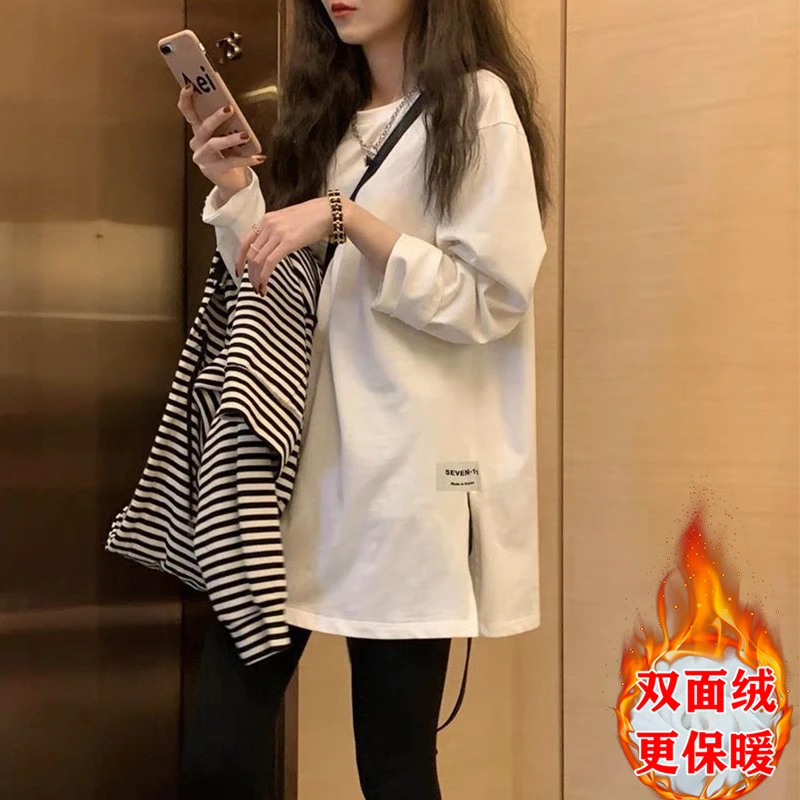 大码白色T恤女长袖2024宽松秋冬中长款开叉体恤打底衫内搭上衣潮