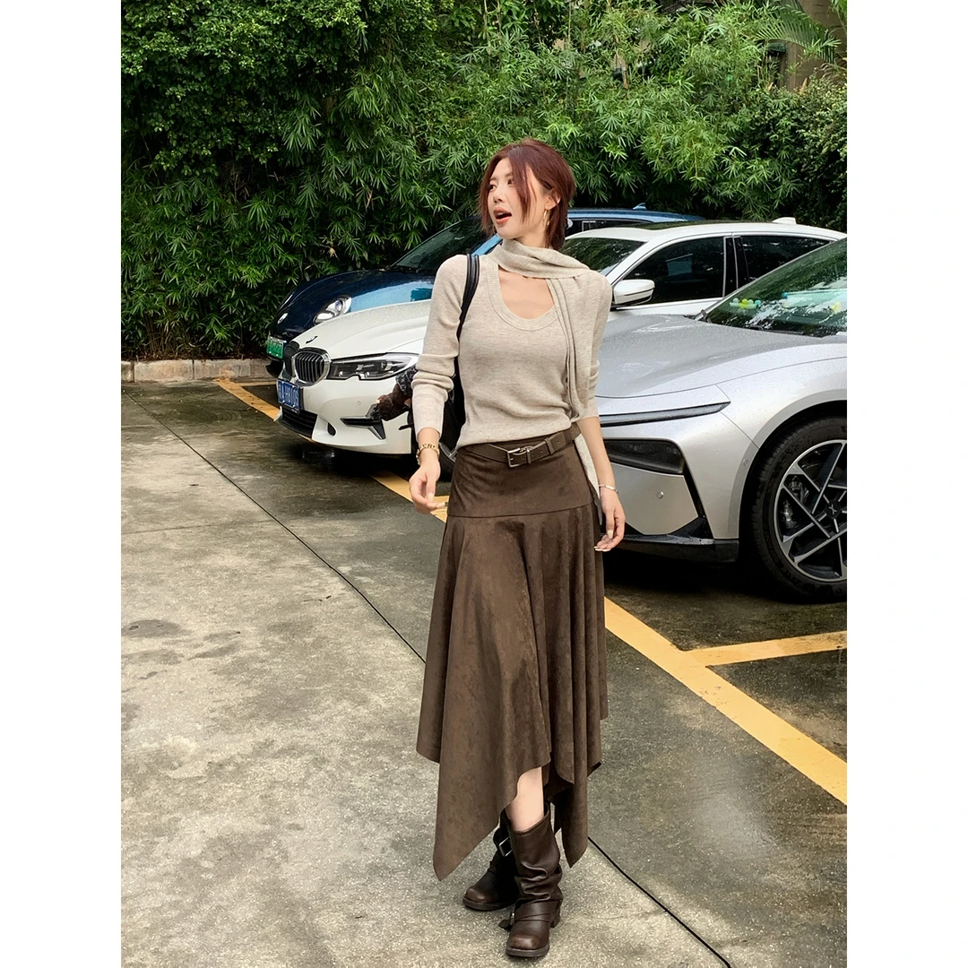 甜辣多多【浪漫摇曳】高腰百褶裙早秋垂感设计不规则半身裙