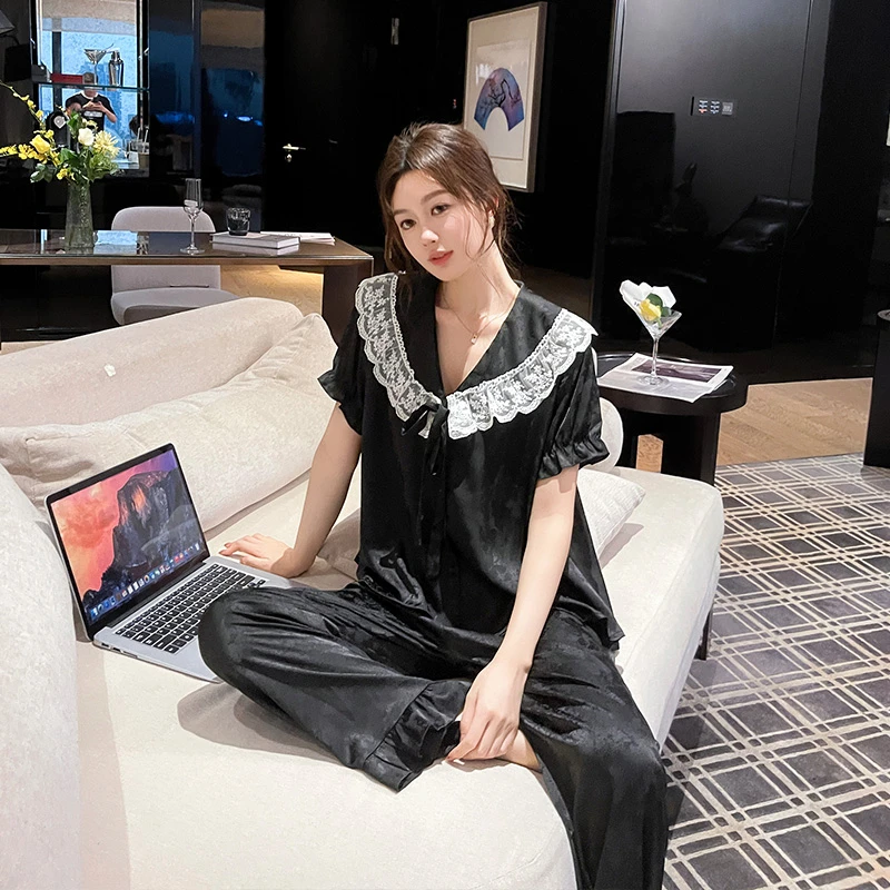 斯服玛冰丝睡衣女款2025新款夏季短袖长裤可爱公主风家居服两件套