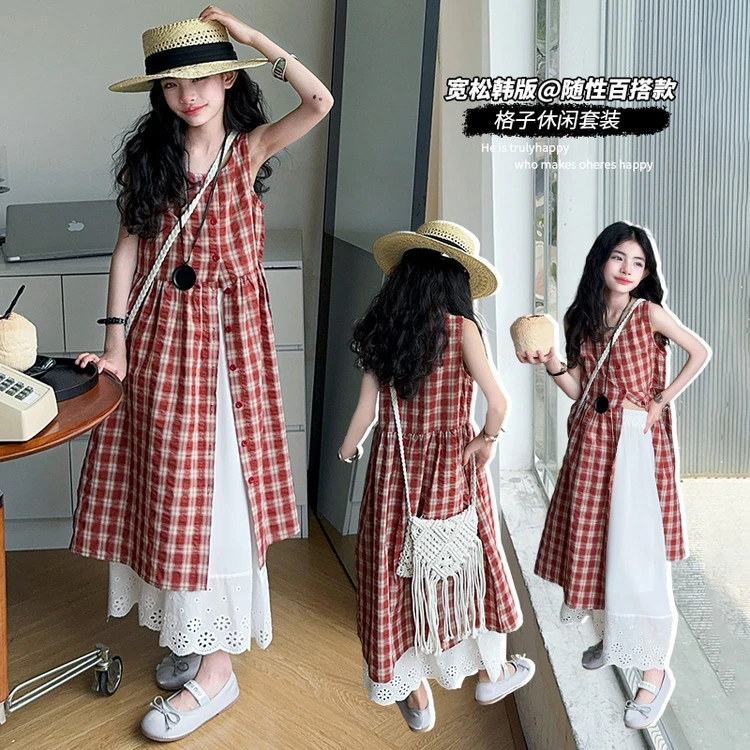 女中大童度假风夏季无袖格子裙白色蛋糕裙俩件套气质时尚韩版复古