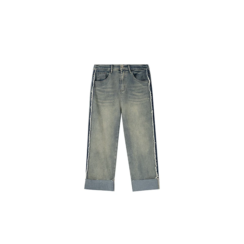 【木三新品】ST原创设计显瘦遮肉复古直筒破洞水洗翻边牛仔裤ST1737