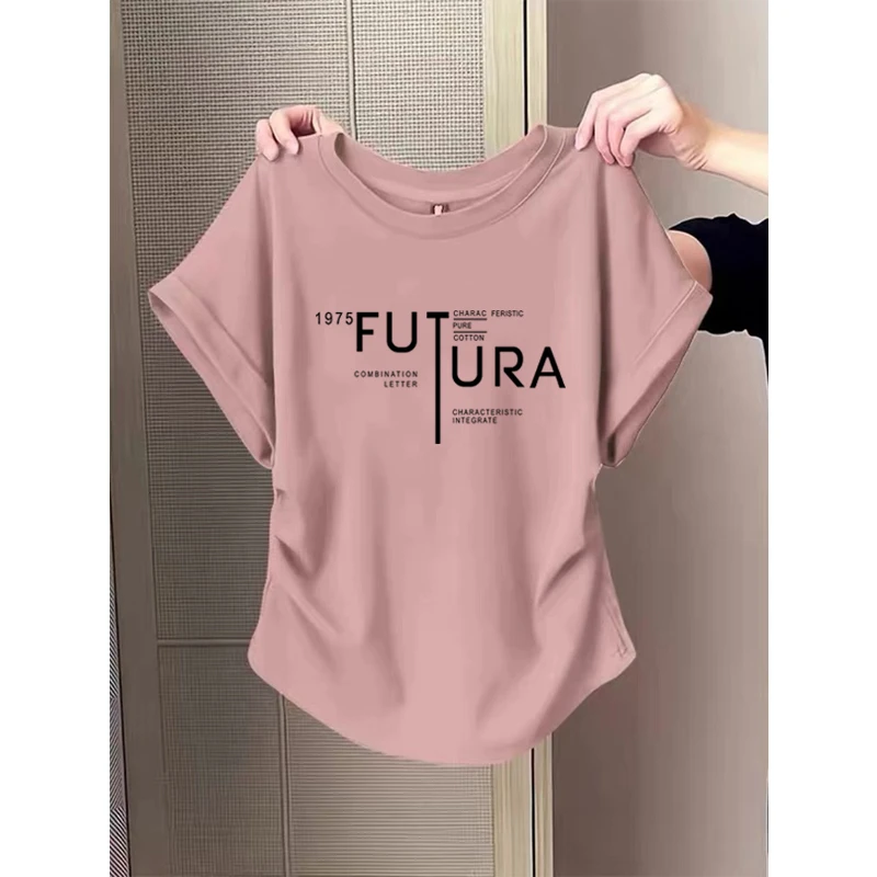 小飞袖褶皱正肩短袖t恤女夏季2025新款设计感收腰显瘦圆领上衣潮