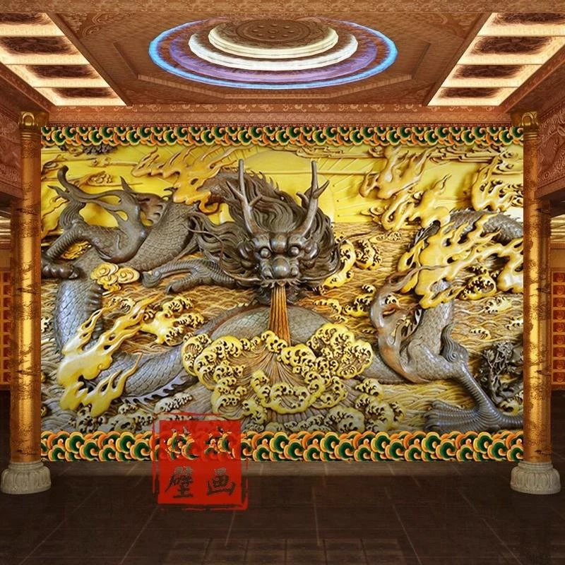 龙纹图案护墙板玉雕青龙背景墙板3d立体浮雕扣板佛堂养生馆集成板