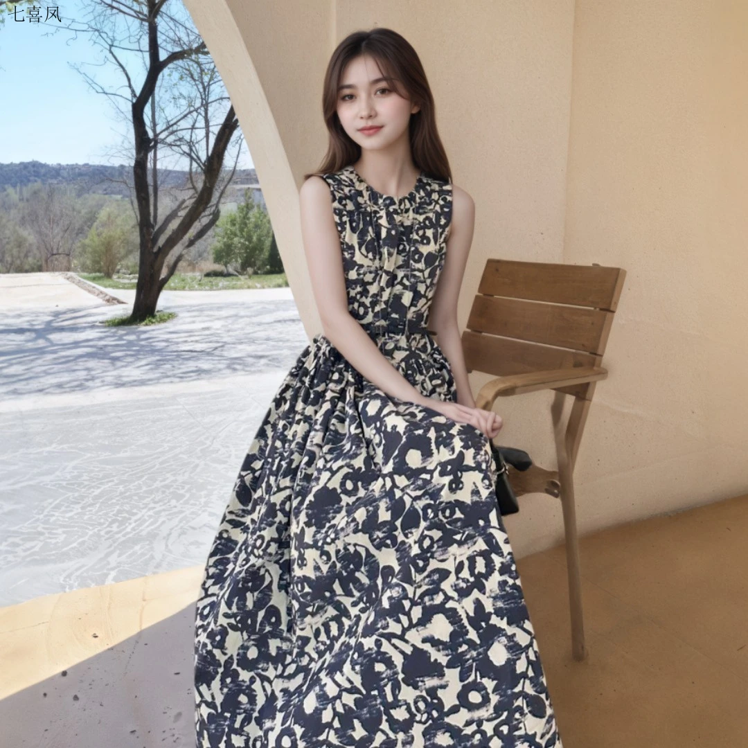 夏季新款无袖连衣裙女修身显瘦时尚气质优雅抽象图案高腰通勤聚酯