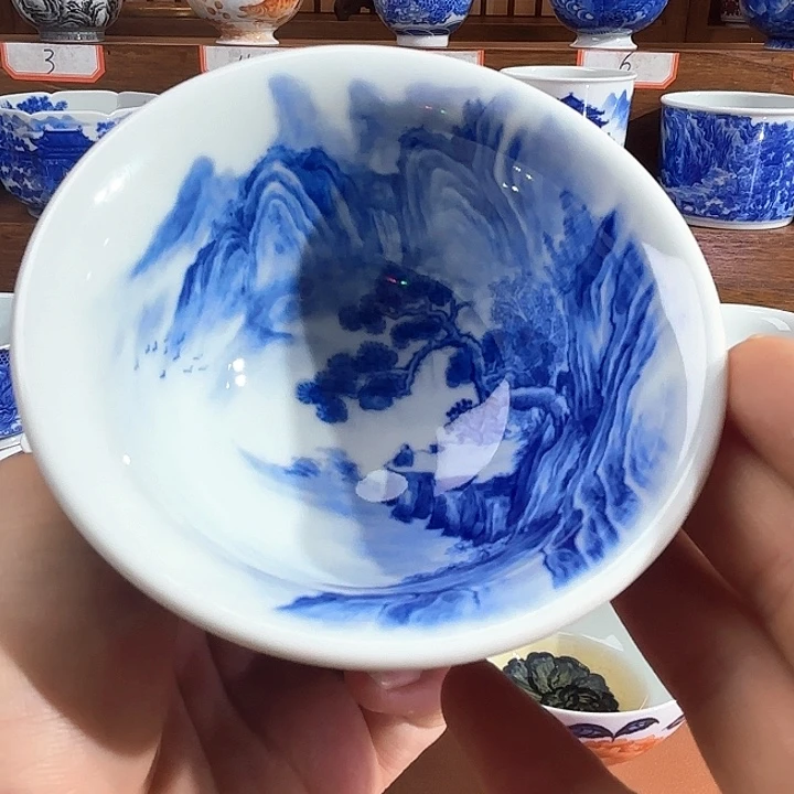 青花手工手绘山水压手杯