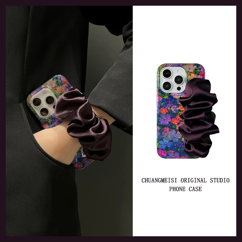 酷炫闪粉彩色花朵丝巾腕带适用苹果16promax手机壳iphone15/14/13