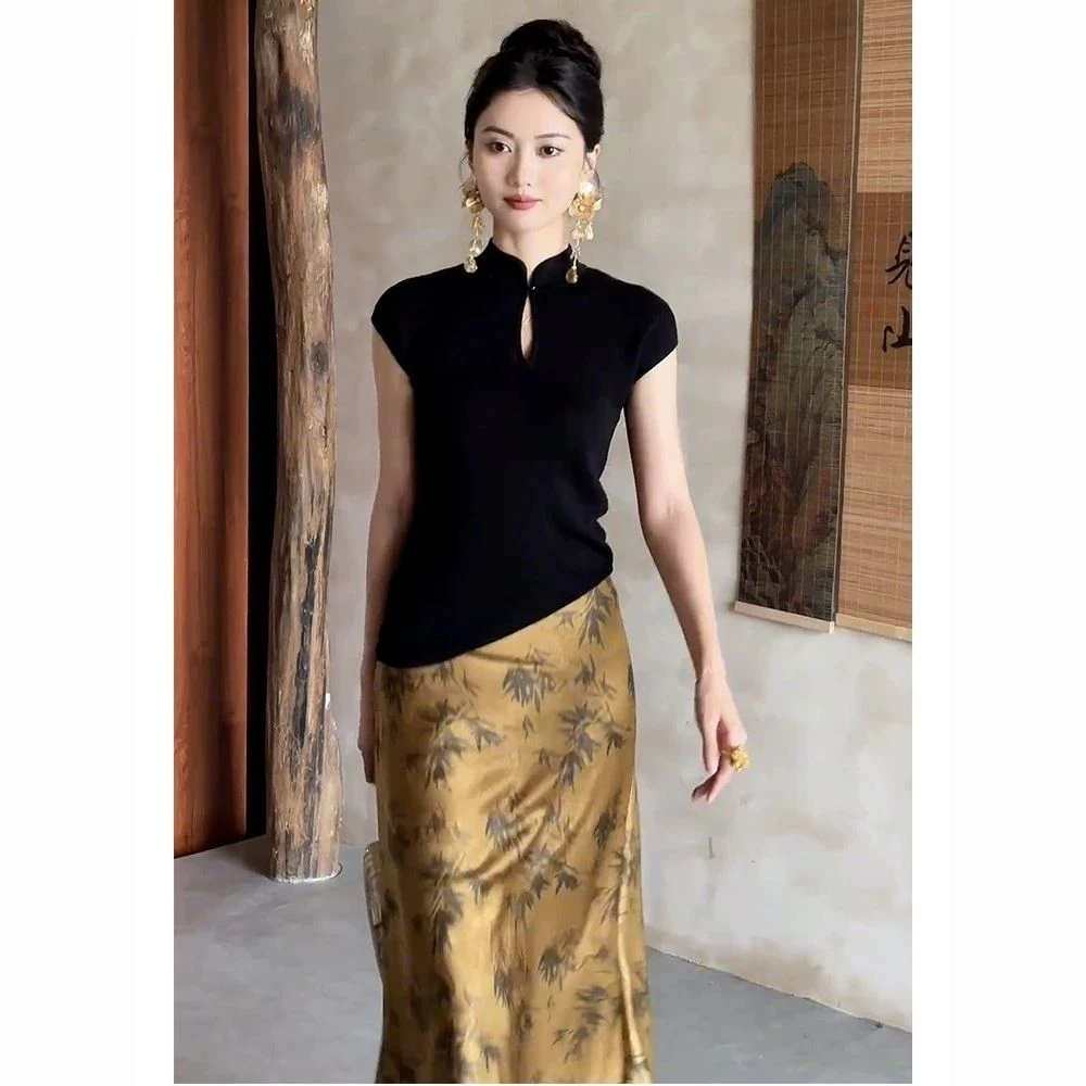 新中式国风黑色上衣半身裙两件套装裙女2025夏季新款气质设计感