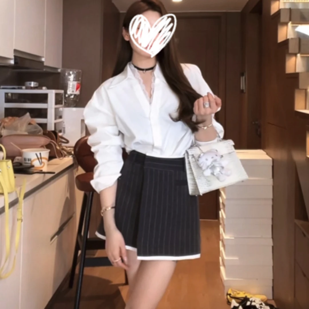 2025春季时尚减龄蕾丝边白色衬衫百搭条纹不规则西装半身裙套装女