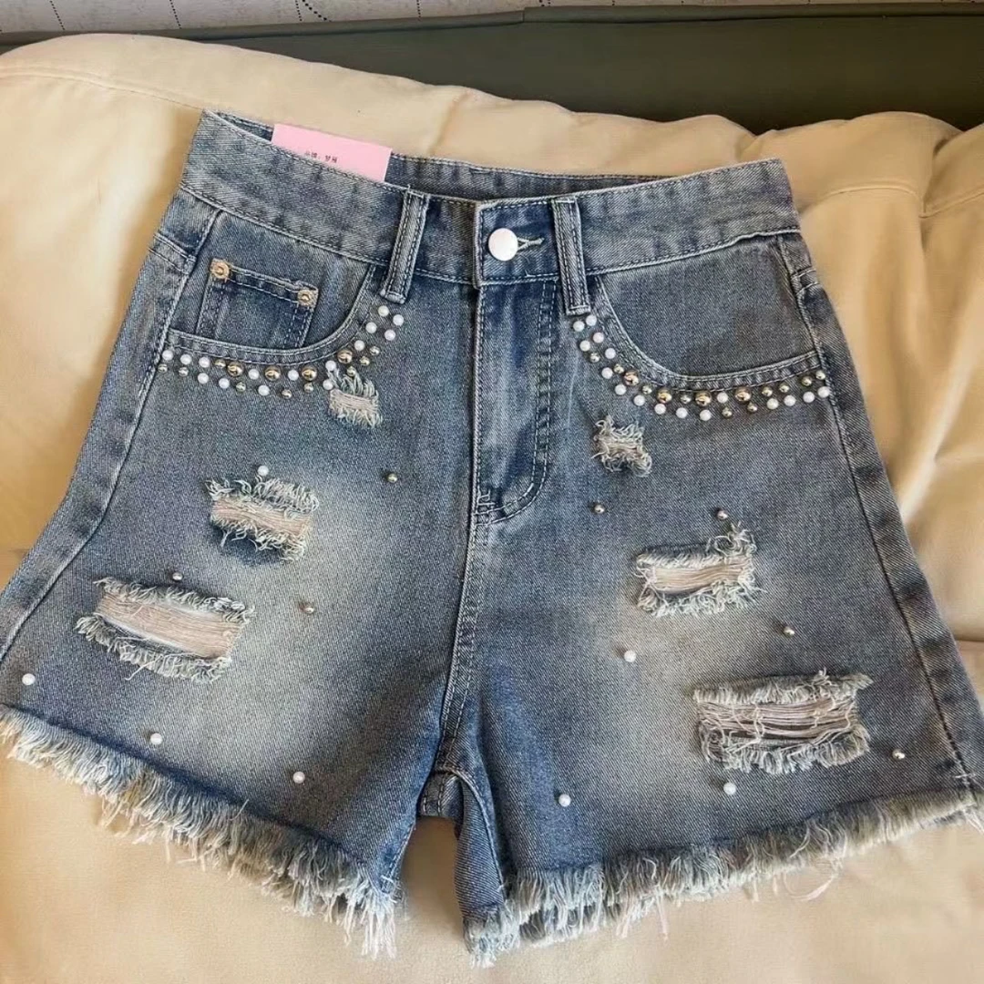 A字无弹高腰破洞洋气复古重工柳钉珍珠牛仔短裤小个子四分裤-2109