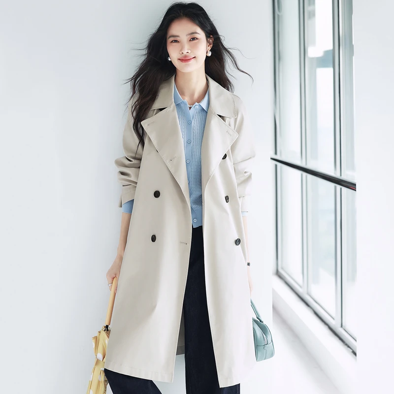 伊芙丽显瘦双排扣风衣女25夏季简约春游小个子外套1G2960221韩版