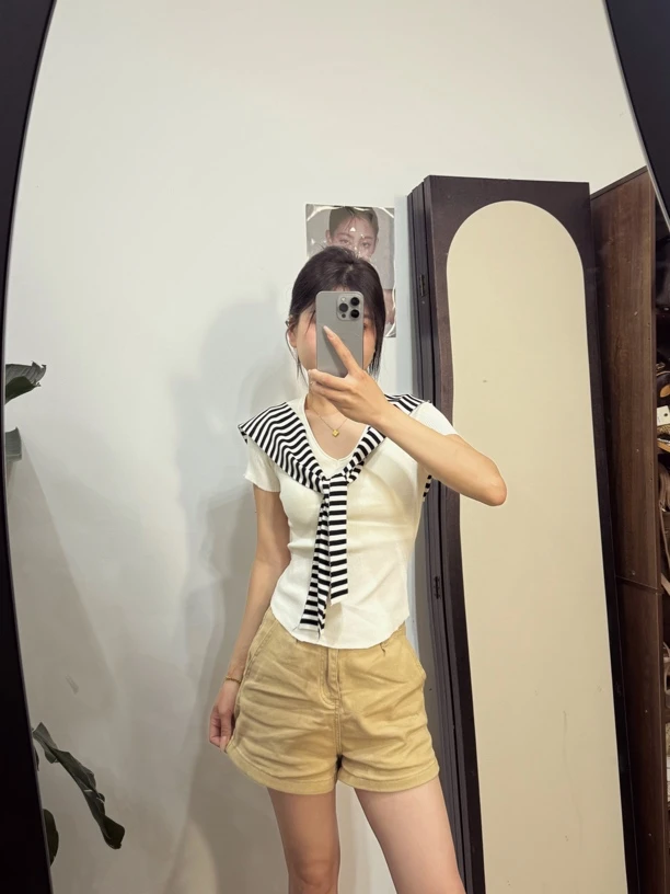 【Mengke】v领短袖t恤女夏撞色短袖背心修身披肩上衣