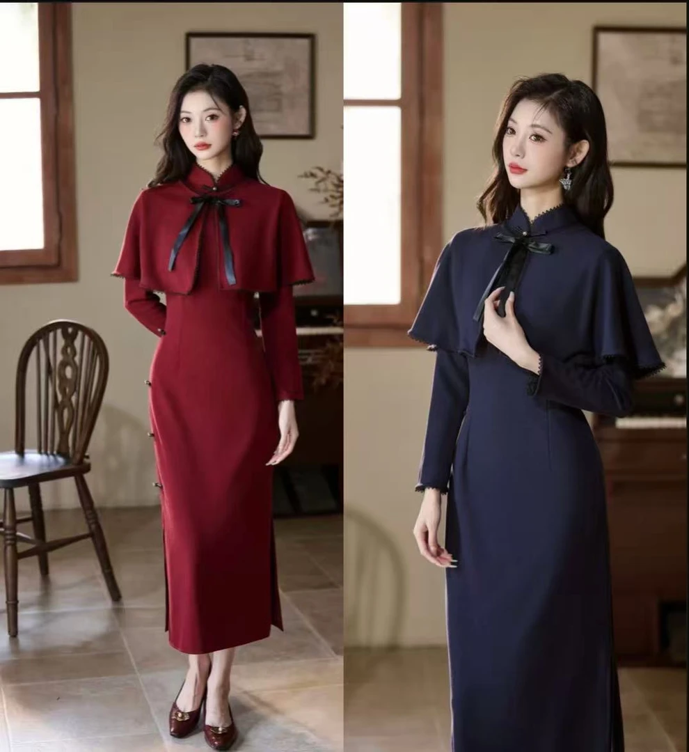 秋冬新款中国风仿羊绒长款长袖复古旗袍女装改良显瘦修身套装