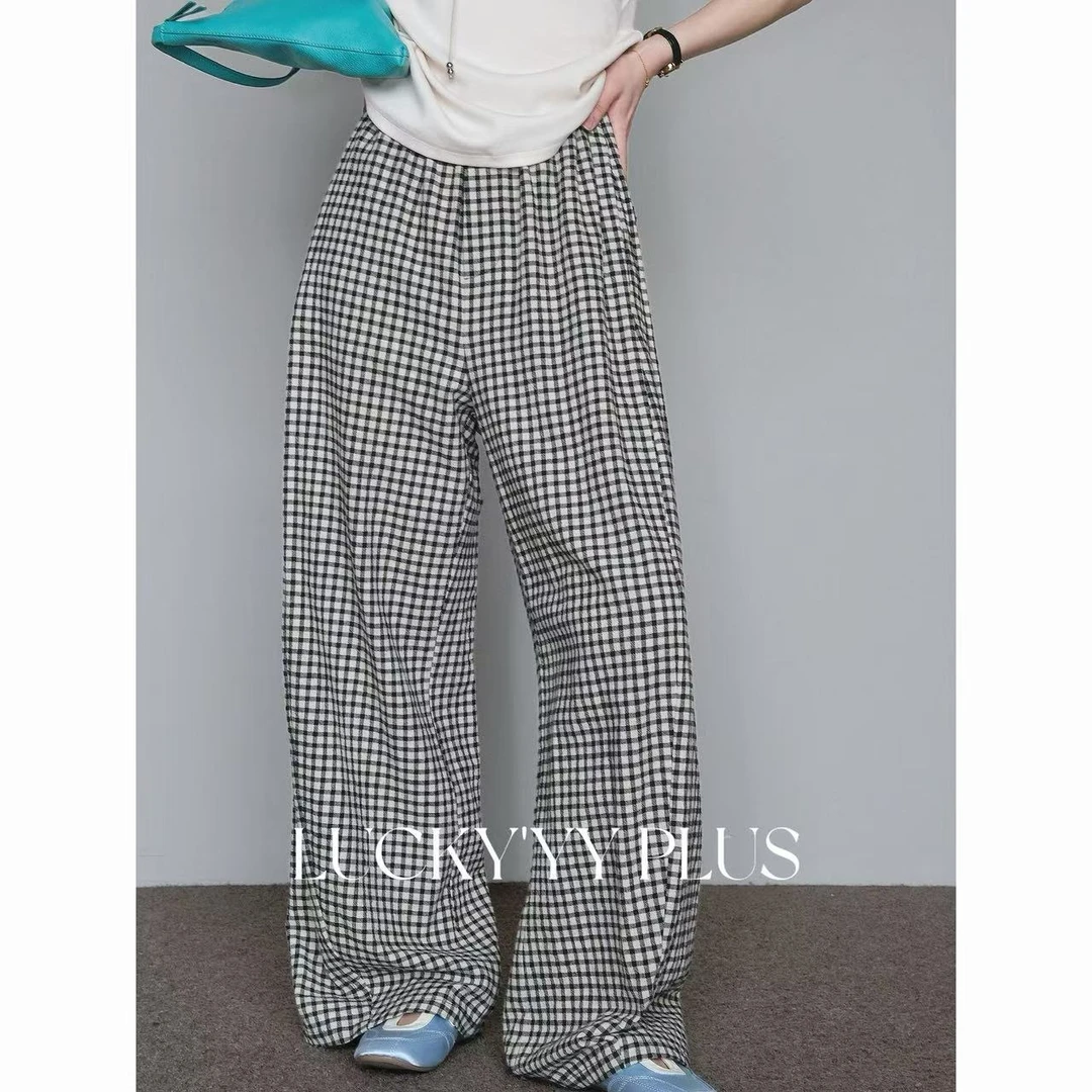 LUCKYYY高品定制小方格亚麻休闲裤 B491