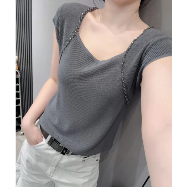 大领口低领短袖女冰丝针织衫设计感钉珠气质修身显瘦露锁骨上衣夏