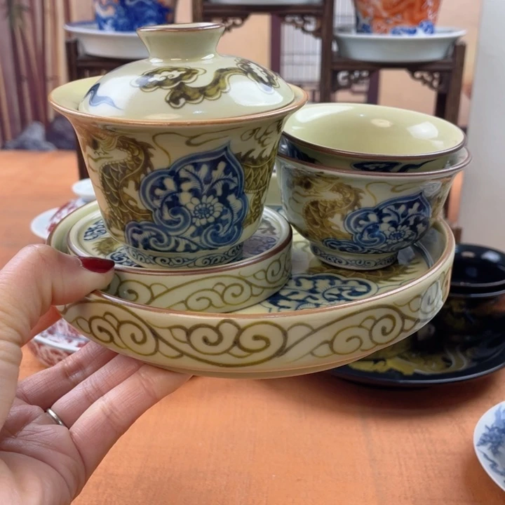 陶摆件二号釉釉里金穿花龙五件套