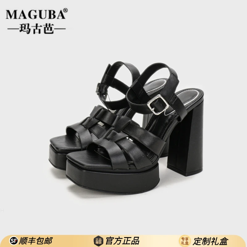 MAGUBA/玛古芭复古摩登罗马鞋女士显腿长超高跟经典黑色时尚气质