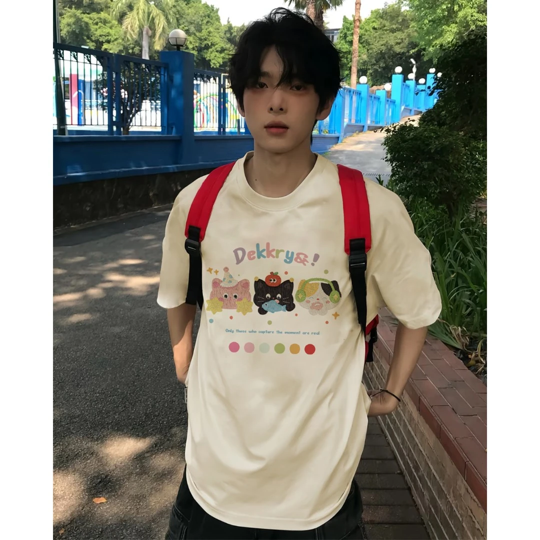 100%纯棉创意仿刺绣猫咪印花休闲短袖T恤夏季男女百搭情侣上衣
