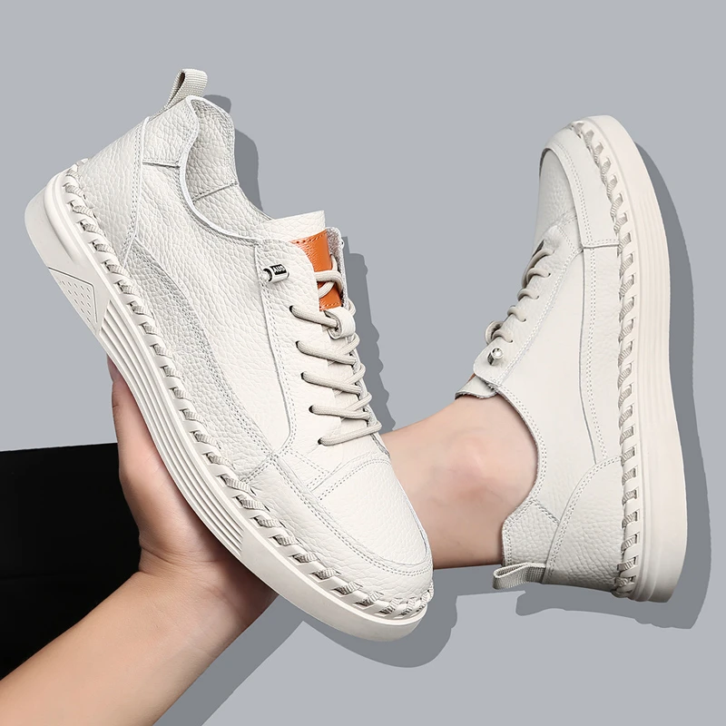 新款春季休闲鞋头层牛皮男士板鞋透气软底豆豆鞋无胶水手工缝男鞋