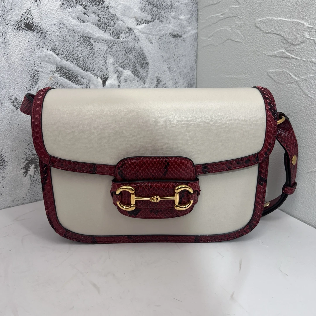99新 GUCCI/古驰 女士1955复古红白蛇纹马鞍单肩斜挎肩包二奢包包