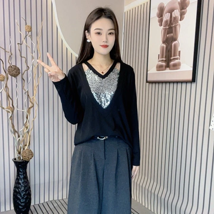 秋冬美式辣妹镂空亮片V领长袖T恤修身显瘦洋气别致打底上衣女