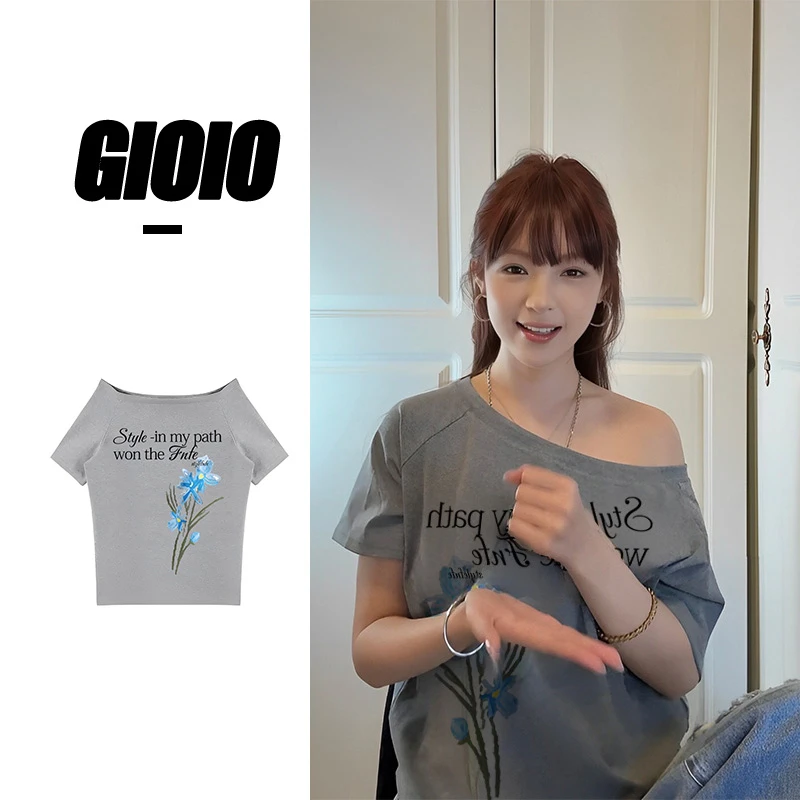 夏季短款美式辣妹洋气斜肩印花短袖露肩显瘦纯欲风T恤女上衣