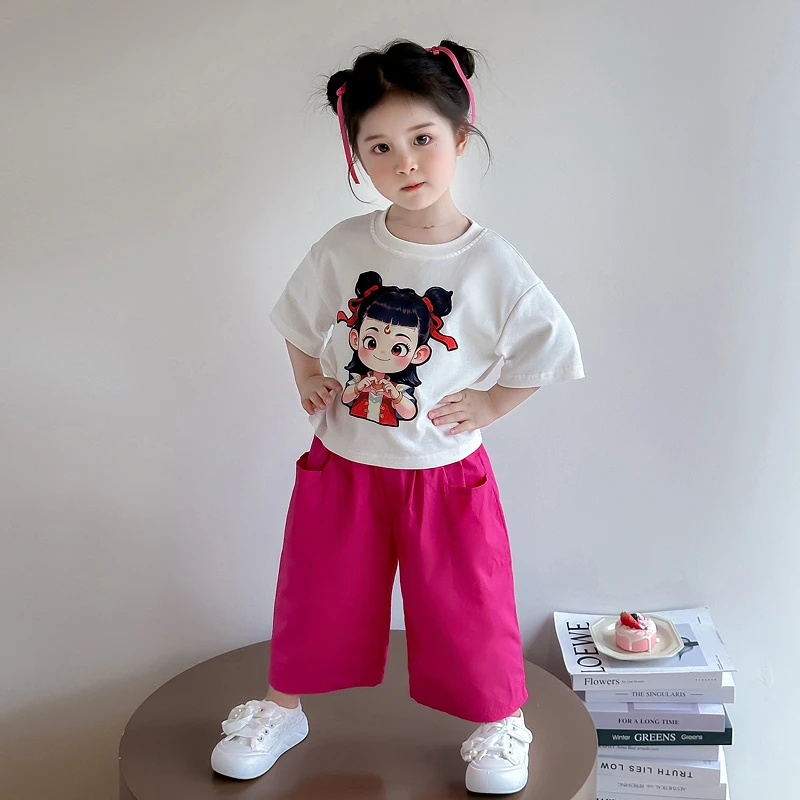 甜酷女童哪吒短袖夏季休闲两件套装时髦小女孩夏天外出服装薄款潮