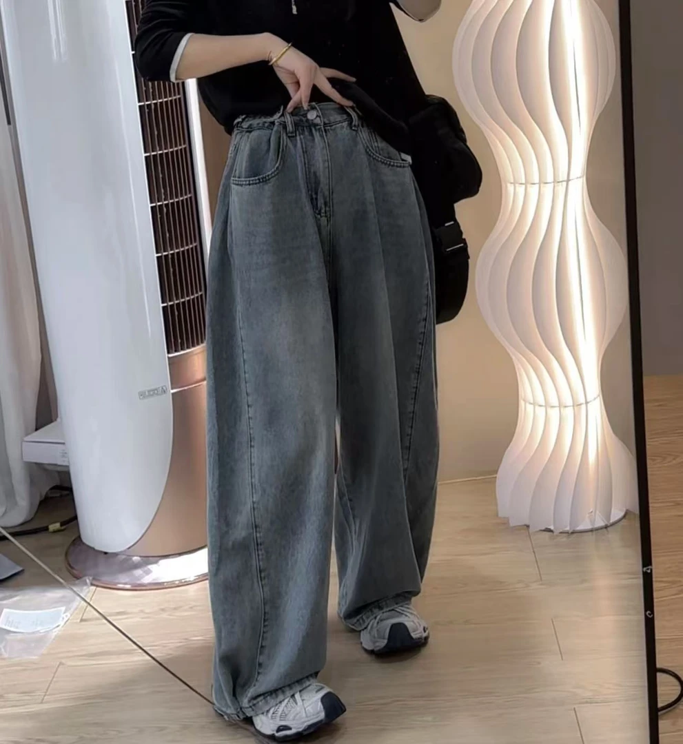柚柚酱新款百搭宽松时尚复古腰部裤脚可调节设计牛仔弯刀裤