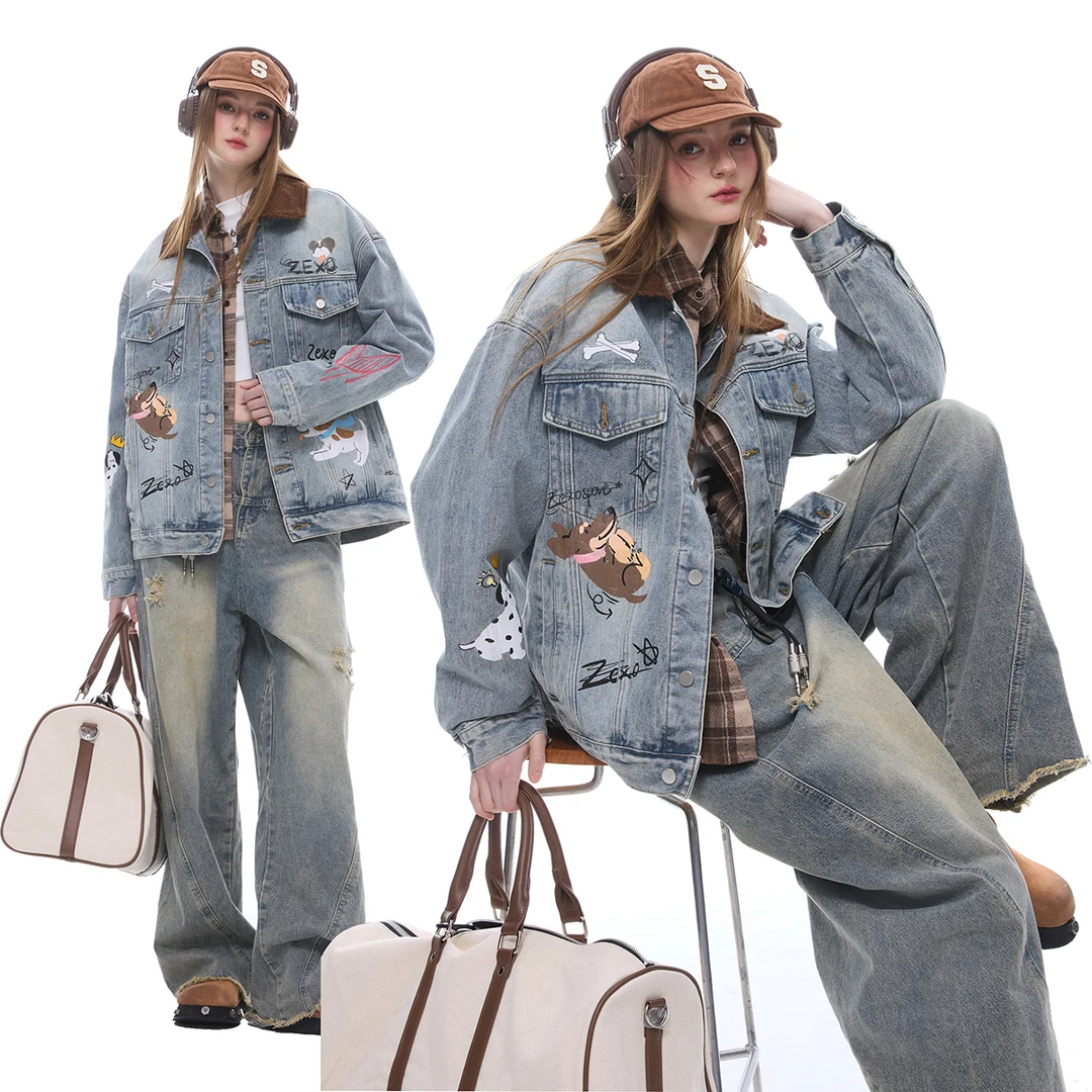 ZEXO 复古水洗做旧涂鸦字母小狗撞色拼接翻领牛仔外套