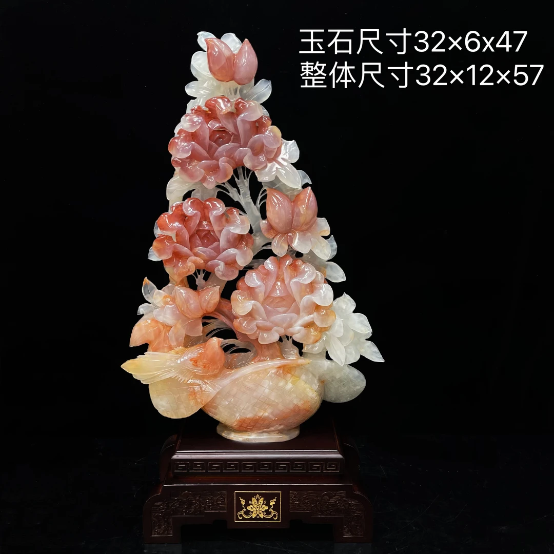 【鸟语花香】牡丹花篮乔迁开业公司办公室客厅装饰工艺品玉石摆件