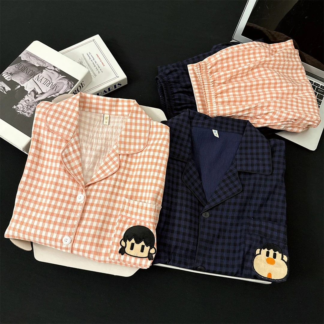 云朵棉静香情侣耐磨不褪色格子翻领长袖睡衣情侣大码宽松