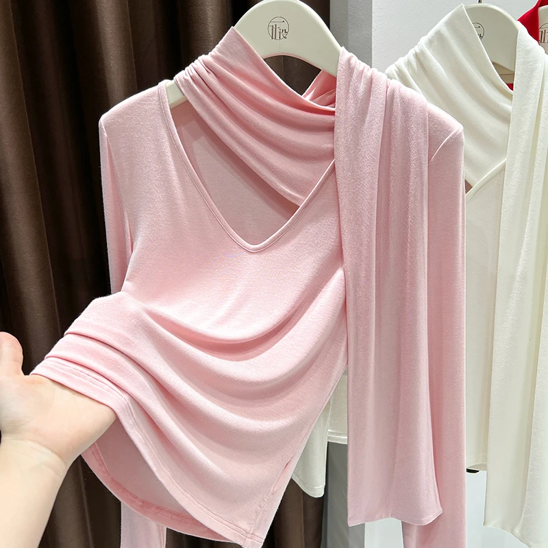 气质v领飘带纯欲风长袖T恤女2025款洋气时尚修身内搭围脖打底上衣