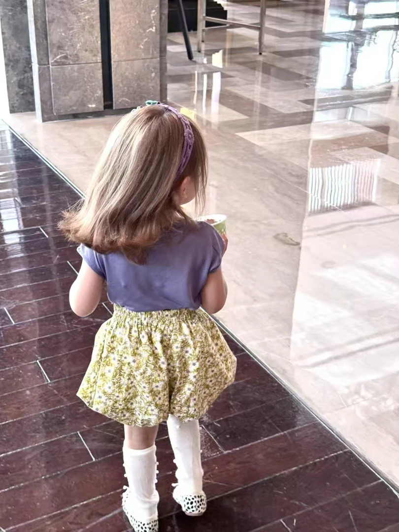 《小思家》女童2025夏季五一出游韩版休闲百搭短袖T恤碎花短裤套装