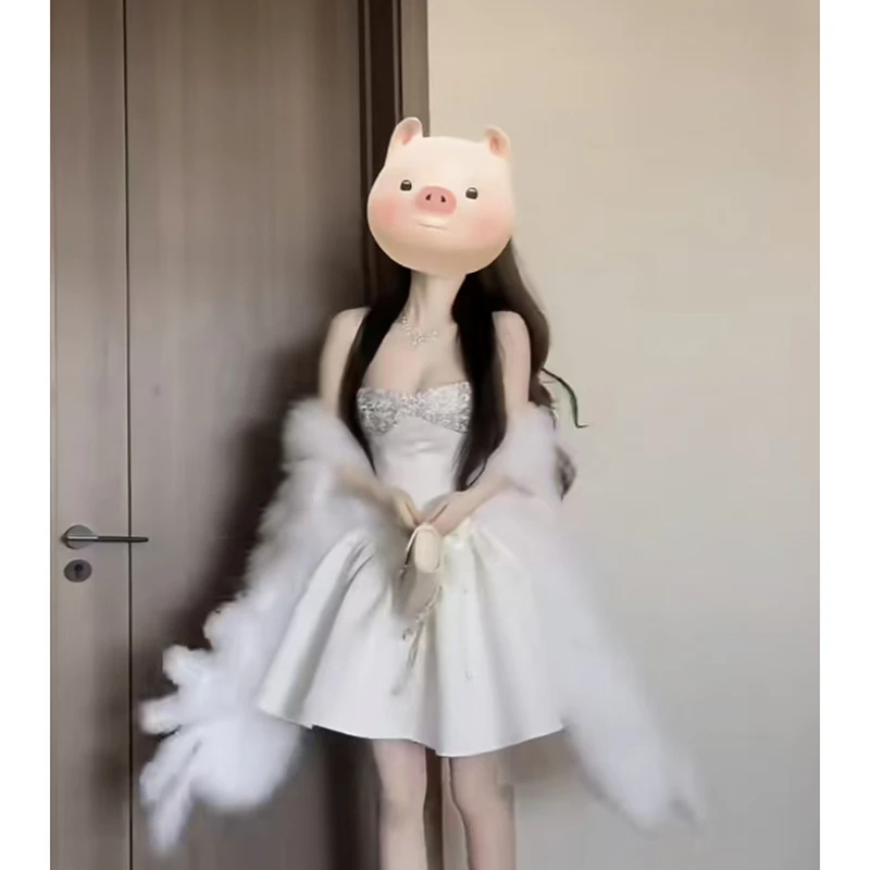 【B Y】法式白色公主百褶裙2025新款无袖设计亮片一字肩性感连衣裙