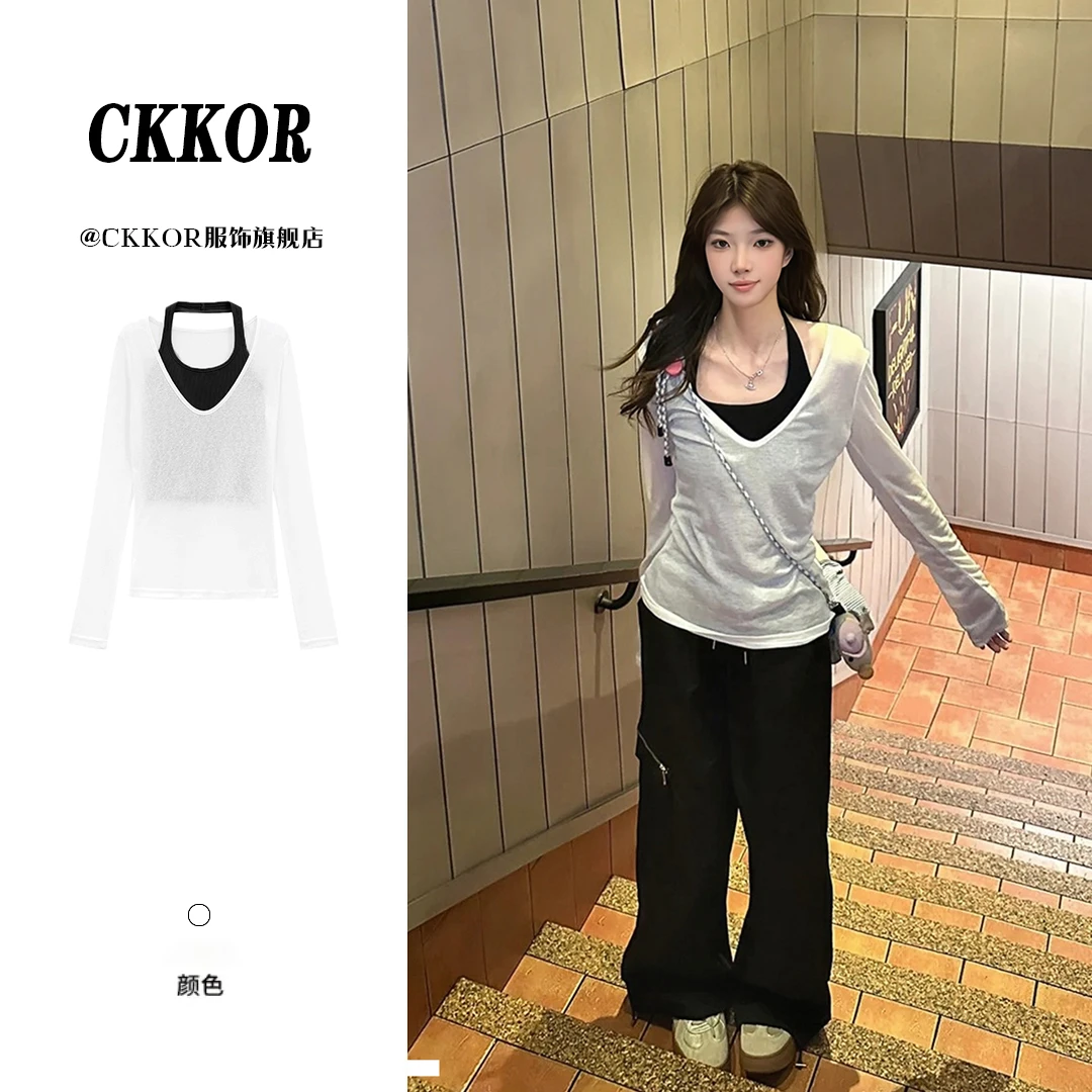 CKKOR慵懒风休闲正肩V领罩衫新款夏季长袖t恤女修身显瘦辣妹背心