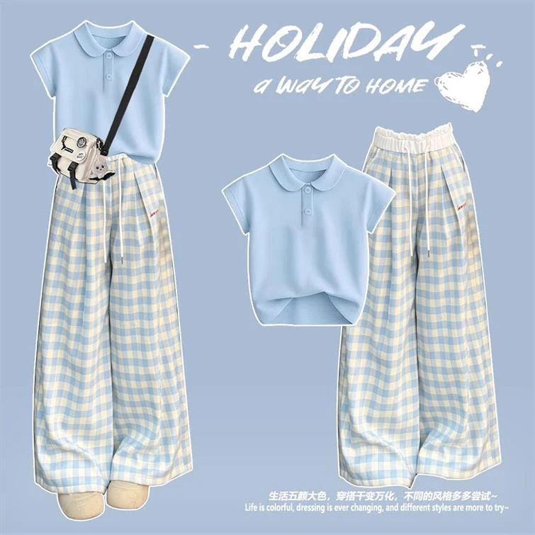 夏季少女休闲裤套装12-18岁女大童学院风Polo领T恤蓝色格子两件套
