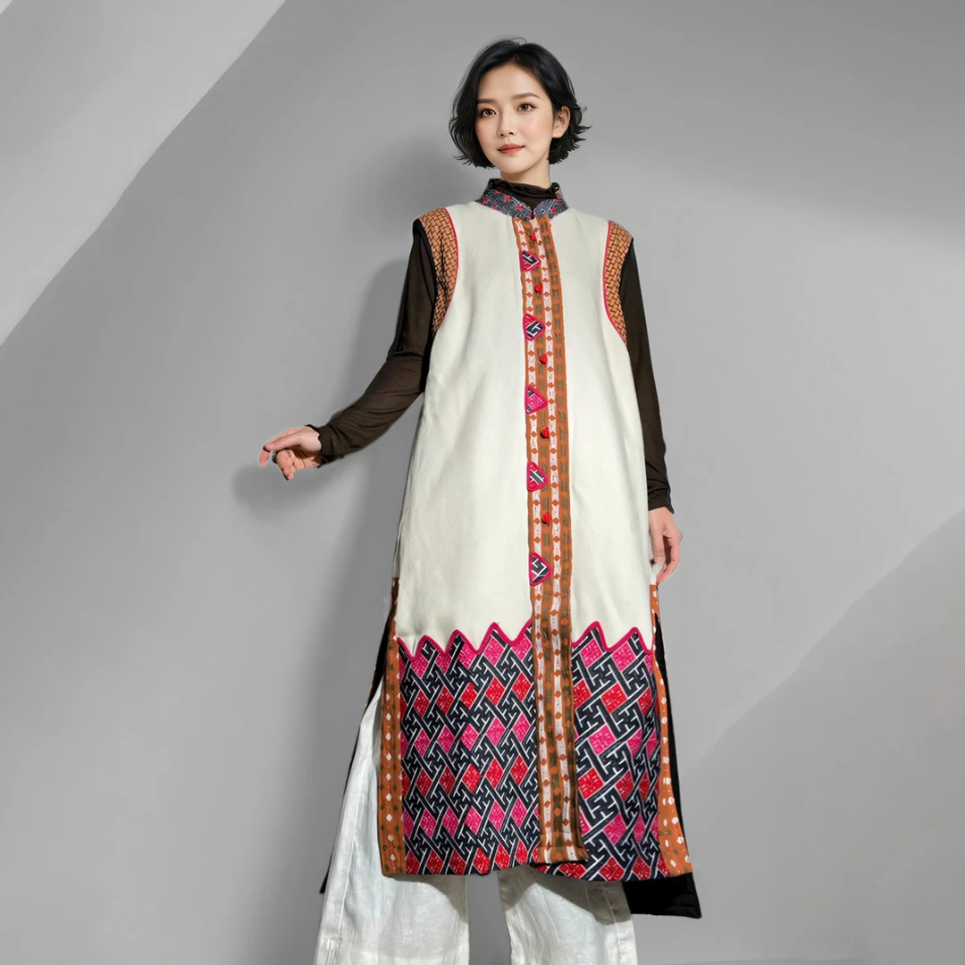 原创国风马甲民族风重工刺绣气质立领对襟针织撞色拼接长款马夹女