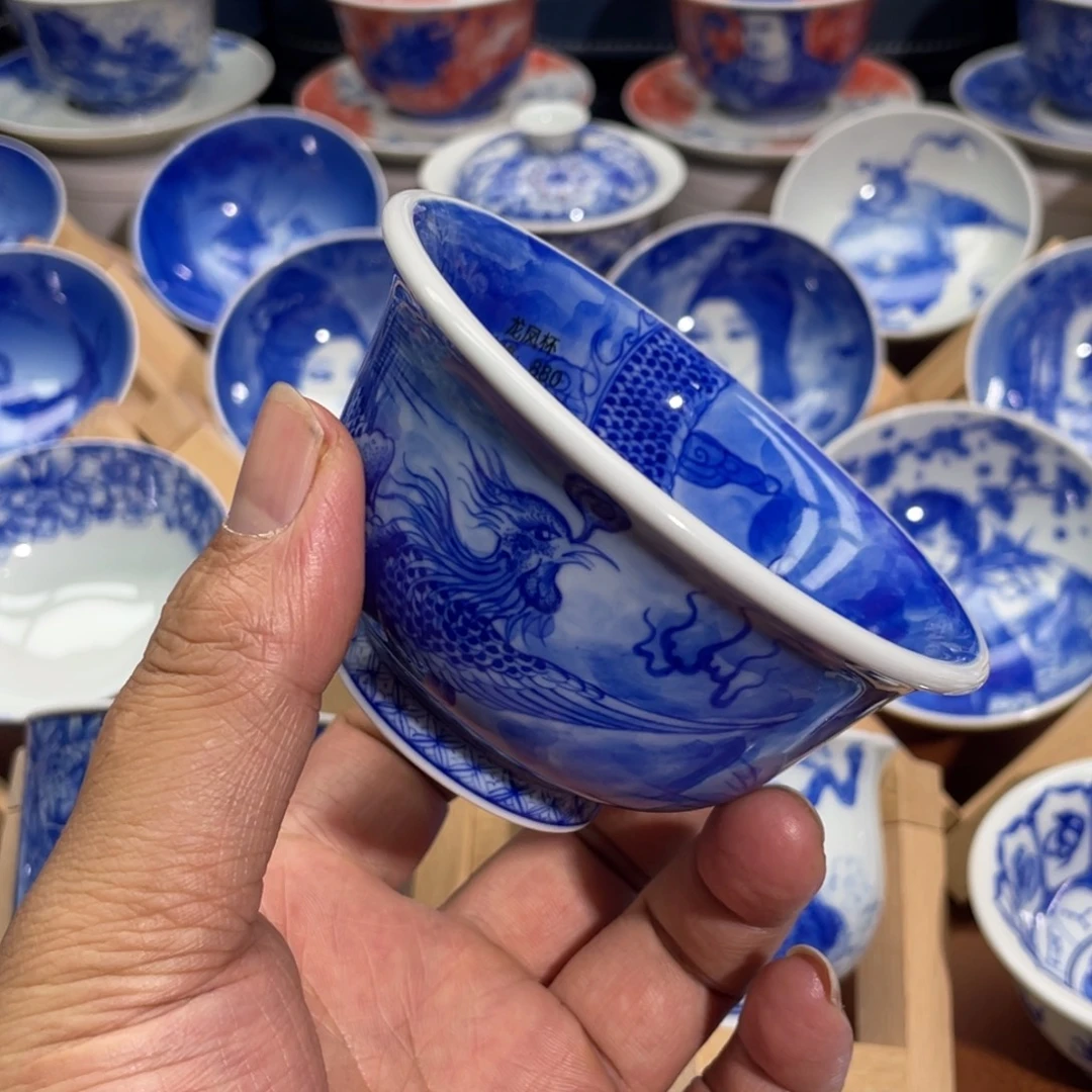 陶月楼 柴窑外凤内龙压手杯