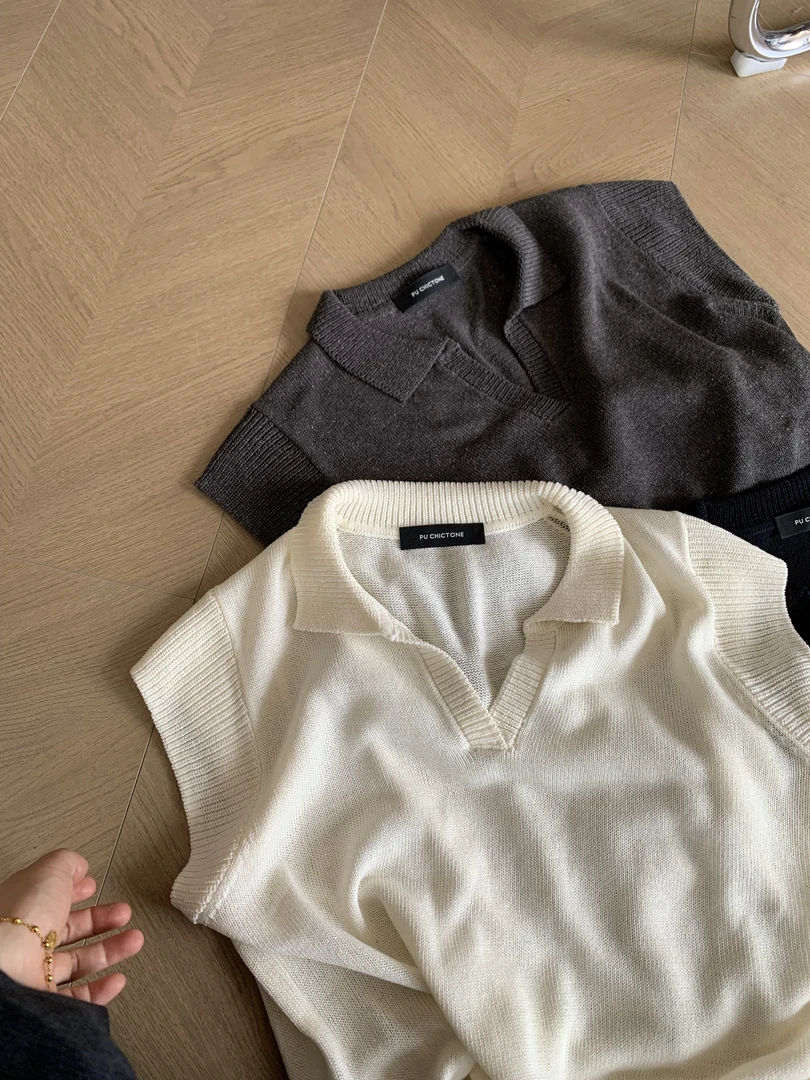 【朴大艺】韩系莱赛尔亚麻无袖Polo衫针织翻领简约气质套头上衣