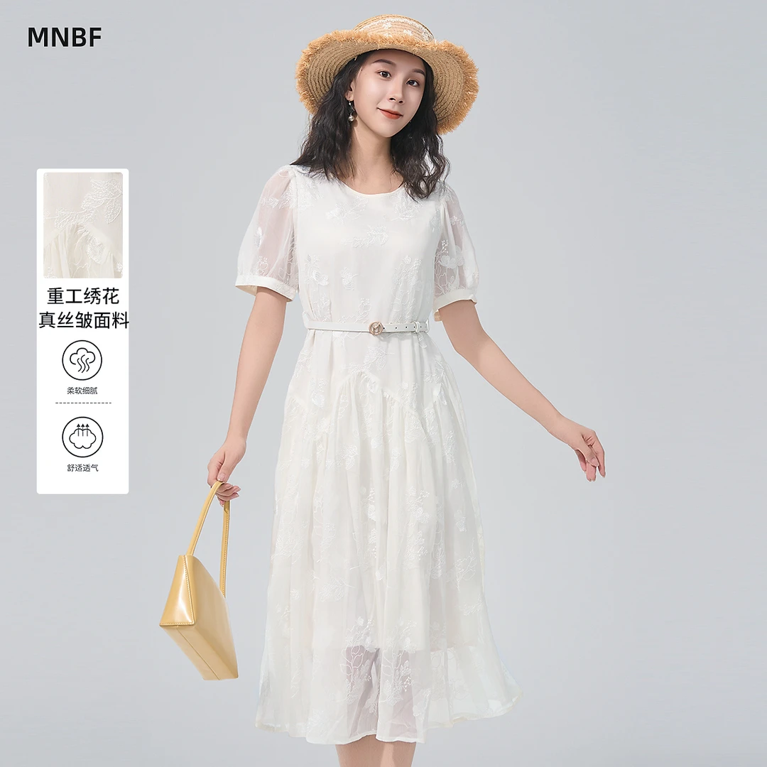 曼诺比菲商场同款夏季法式蕾丝短袖连衣裙女中长款MFBL122270