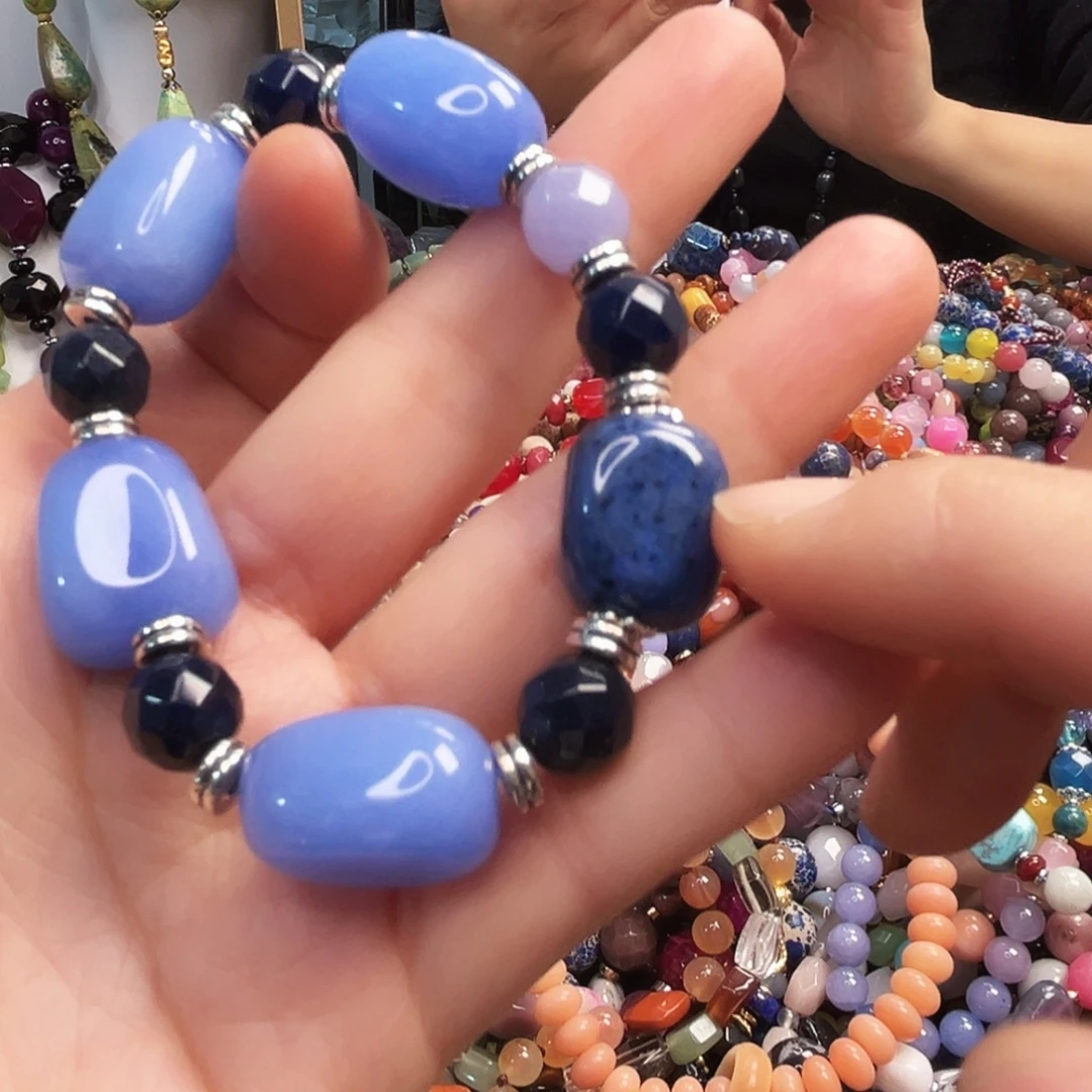 玛瑙/玉髓足铂镶嵌手链蓝纹加玛瑙