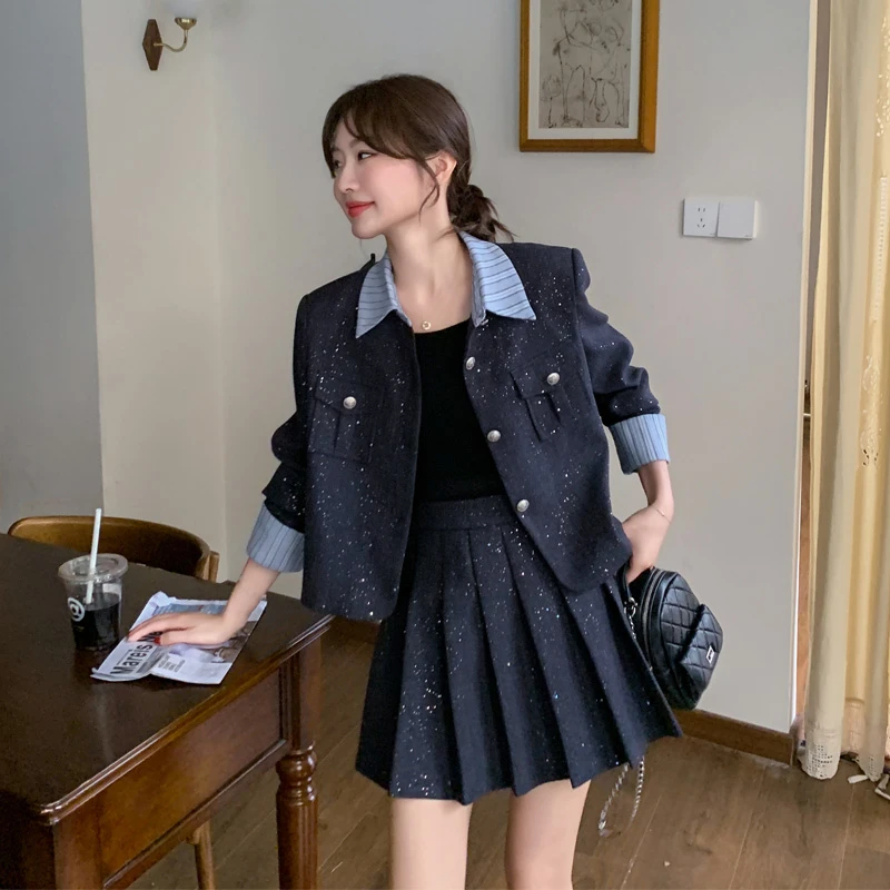 条纹拼接小香风套装裙女2025早春新款气质名媛韩系松弛感外套短裙