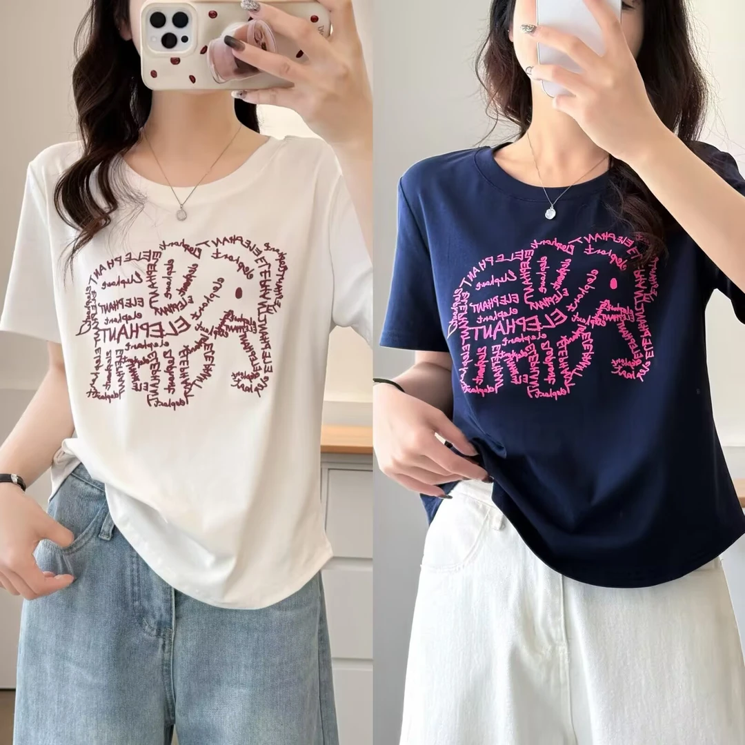 小象印花T恤女2025夏季款大码胖mm弧线下摆遮肚子显瘦上衣5012